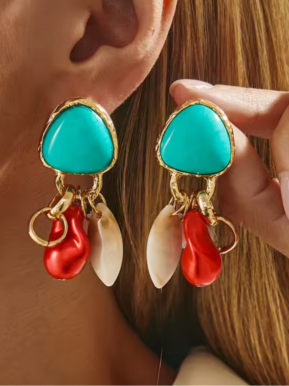 Anthropologie Gold-Tone Earrings with Turquoise, Red and Cream Accents - Picture 5 of 5